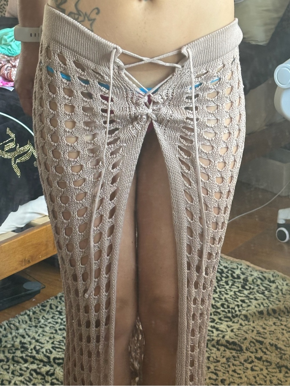 Free People Beige Crochet Lace-Up Maxi Skirt